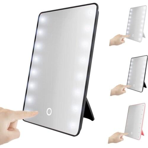 LED Light Makeup Mirror Touch Screen Control Battery Operated With Stand Support 180 Degree Rotation Tabletop Bathroom Travel
