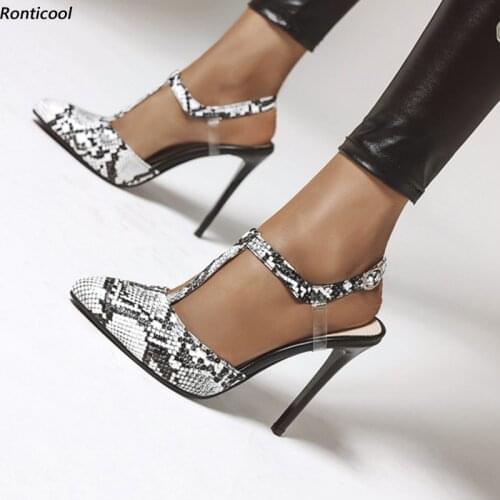 Ronticool Women Summer Sandals Ankle Strap 11Cm Stiletto Heels Pointed Toe Black Red White Snake Party Dress Shoes US Size 5-14