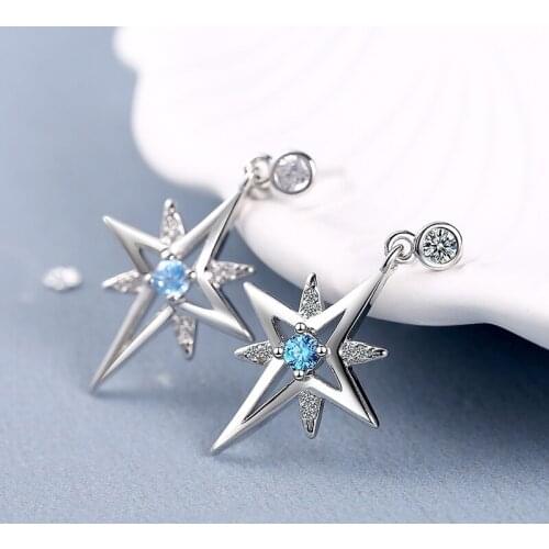 Womens New Fashion Star Drop Earrings Blue Cubic Zircon Flash Geometric Dangle Earring Stud Piercing Jewelry Party Accessory