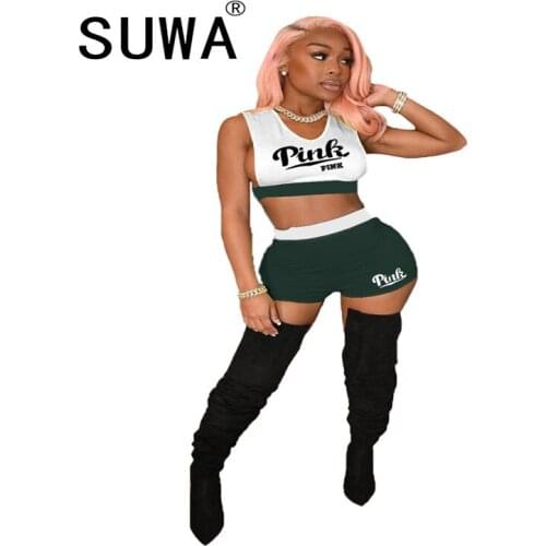 Beach Style Two Piece Set Women O-Neck Sleeveless Letter Print Embroidered Camisole Crop Top + Appliques Shorts Casual Outfit