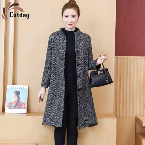 Cotday Wool Blend Office Style Lady Single Breasted Women Winter New Loose Gray Windbreaker Mid-length Thickened Woolen Coat