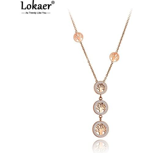 Lokaer Fashion Titanium Stainless Steel Tree Charm Choker Necklaces Bohemia CZ Crystal Pendant Necklace For Women Girls N20006