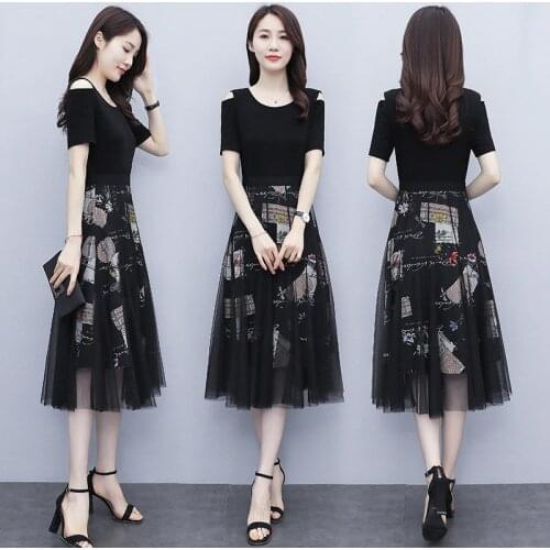 M-3XL Summer Dress Women High-Waisted Short-Sleeved Skirt Two Piece Suit 2021 New Slim Black Mesh Long Skirts Casual Dresses