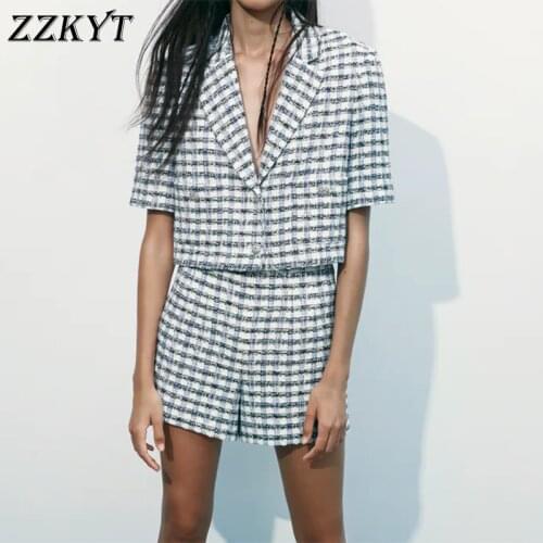 ZZKYT 2021 Women Summer Fashion Plaid Single Breasted Blazers Suit Vintage Pockets Shorts Office Lady Business Female Suit Mujer