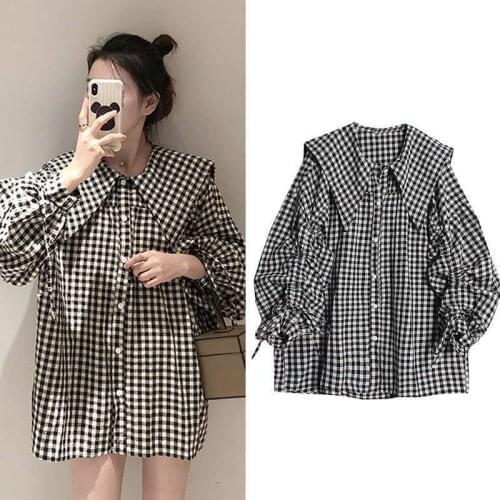 2021 New Spring Autumn Women Korean Fashion Loose Plaid Button Blouses Lady Sweet Long Sleeve Peter Pan Collar Shirts Tops Q368