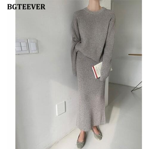 BGTEEVER Casual Women Knitted Skirt Set O-neck Full Sleeve Pullovers Elastic Waist Skirts 2021 Autumn Winter Women Sweater Set