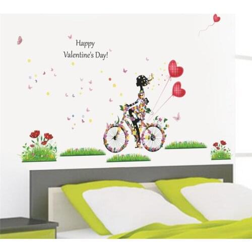 A Girl Ride Bike With Flowers Wall Decals For Kids Room Home Decorative Stickers Pvc Mural Art Wedding Party Bedroom Decoration