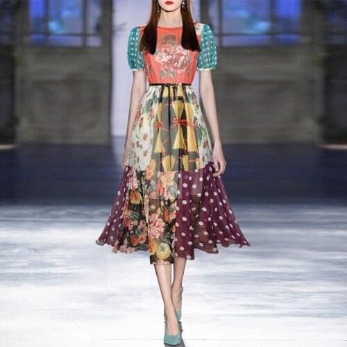 Designer Fashion Summer Dress Women Runway New Dot Flower Printed Contrast Color Patchwork Full Dresses