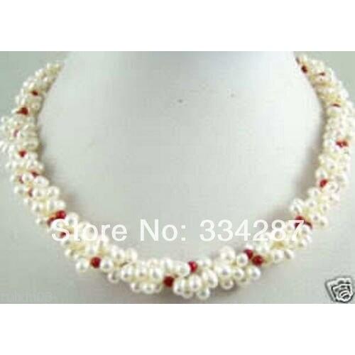 Elegant white cultured pearl & red coral necklace