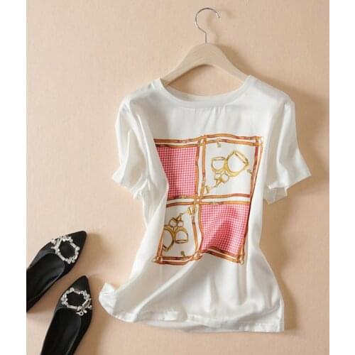 Summer Fashion Square New chain printing silk and mercerized cotton round neck short sleeve T shirt top for women