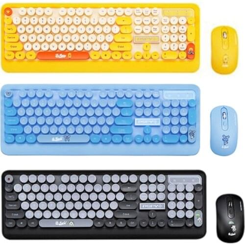 Computer Keyboard Mouse Cute Cartoon Wireless Retro Round Keycap Keyboard USB Mouse Receiver for PC Gaming Mouse Set
