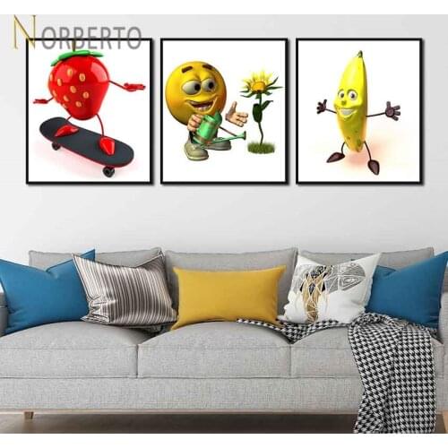 Creative Canvas Painting Poster Print Cartoon Fruits Strawberry Skateboarding Banana Lemon for Home Rooms Gallery Wall Decorati