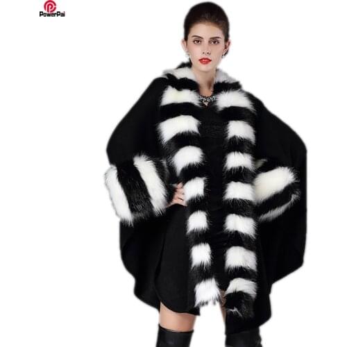 Fashion Space Dye Faux Fox Fur Cape Coat Loose Women Gradient Knit Cardigan Cloak Shawl Winter EuropeStyle Outwear