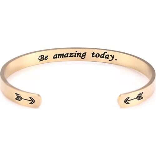 Trendy Engraved Letter Be Amazing Today Inspirational Word Custom Bracelet Stainless Steel C Shape Magnetic Mantra Bangle