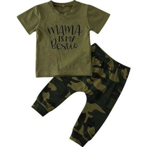 Newborn Baby Boy Girl Outfits Letter MAMA IS MY BESTIE Short Sleeve T-Shirt Top Camo Pants Toddler Kids Clothes Set Age 0-3T