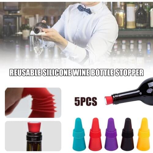 5PC Kitchen Home Bar Tools-Candy-Colored Corks Wine Bottle Stoppers Cover Beer Wine Stopper Food Grade Silicone Wine Sealer Leak