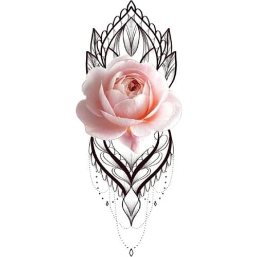 Realistic Rose Sanskrit Flower Temporary Tattoo Sticker Black Pearl Necklace Fake Tattoos Waterproof Tatoos Arm Large Size Women