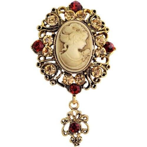 Vinatge Trendy Antique Gold Color Plated Elegant Flower Crystal Dangle Lady Cameo Pin Brooch