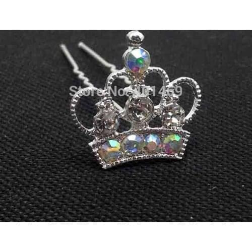 Hair prom jewelry AB crystals metal crown charm 65mm long hair fork jewelry accessories 12Pcs lot