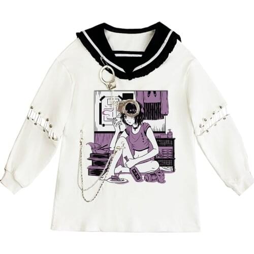 Japanese Harajuku White Sweatshirt Handcuff Patch Cartoon Spring Autumn Sailor Collar Punk Girls Sweatshirts anime hoodie
