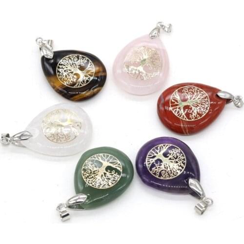 FYSL Silver Plated Water Drop Rock Crystal Pendant Tiger Eye Stone Tree of Life Jewelry