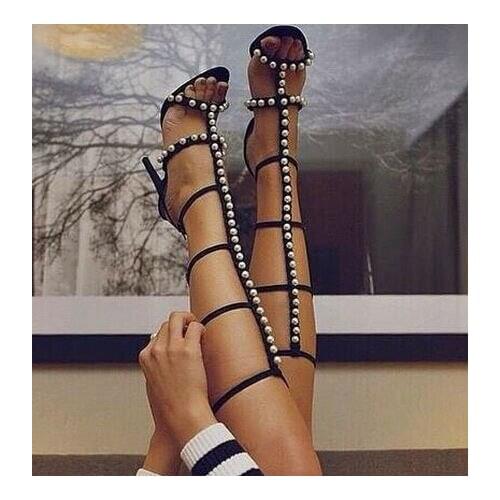 Hot selling women high heel summer long boots open toe big pearls cut-outs knee high boots free shipping sandal shoes woman wome