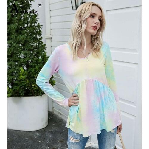 Womens Top 2020 Summer New Fashion Tie Dry Printed T-shirt Female Patchwork Long Sleeve Autumn Tees Plus Size 2xl Casual Shirt