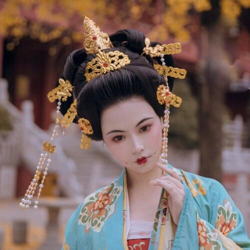 Zhu Cui Si Yan Xia LYZ Traditional Unique Artwork Hand Carved Hair Accessories Tang Style Imitate Museum Design Hair Tiara Drama