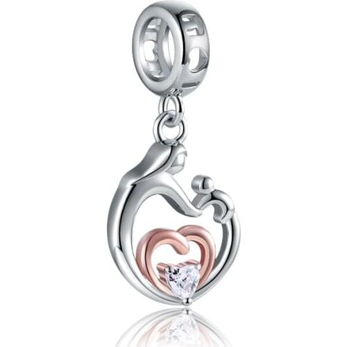 100% 925 Sterling Silver Mom and Son Pendant Beads Heart Charms Fit European Bracelet for Women Mothers Day Jewelry Gift