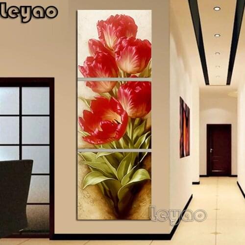 DIY 5D Diamond Painting Full Drill Square/Round Flower Diamond Embroidery Cross Stitch Abstract Red Flower Red Tulip Triptych