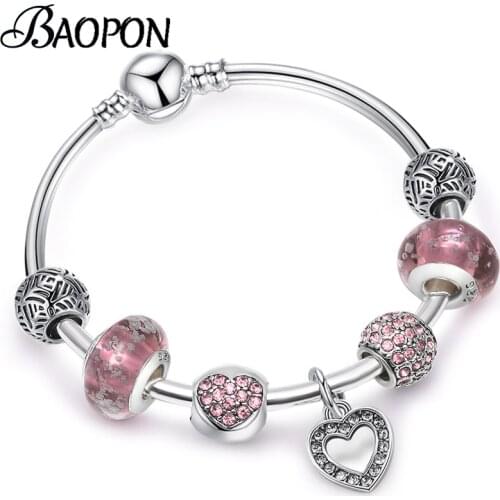 BAOPON 2019 Newest Vintage Silver Plated Love Heart Charm Bracelets For Women Crystal Beads Fine Bracelets & Bangles Jewelry