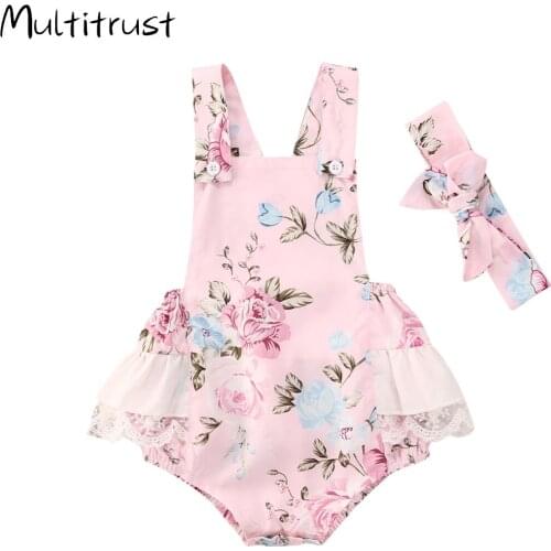 Infant Newborn Baby Girls Clothes Sleeveless Floral Ruffles Lace Bodysuit Summer Outfit Clothes Size 0-24M