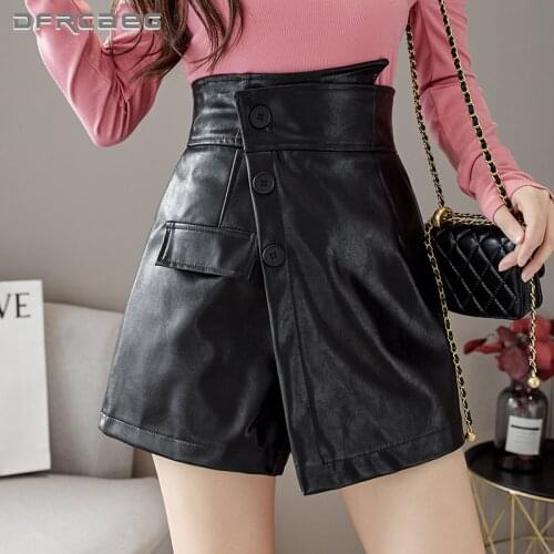 Black Khaki Asymmetric Womens Leather Skirt With Button 2021 High Waist Autumn Winter Casual PU Short Skirts Female
