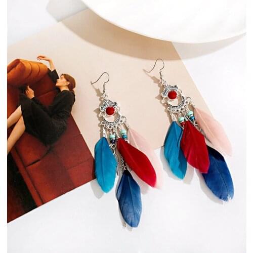 Boho Corful Long Feather Dangle Earrings Beach Drop Earrings Wedding Bride Jewelry Oorbellen Hangers