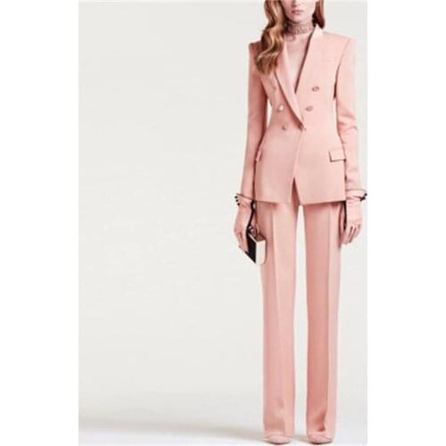 High-end fashion women spring fall New temperament white-collar commuter workwear suit pink suit jacket + trousers two-piece Set