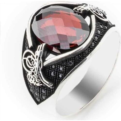 Red Zircon Stone Ottoman Turğalı Silver Men 'S Ring