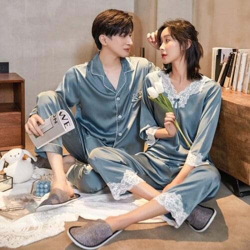 FZSLCYIYI Summer Fashion Lace Trim Satin Lovers Pajamas Set Couple Long Sleeve Suit Casual Two-Piece Elastic Homewear
