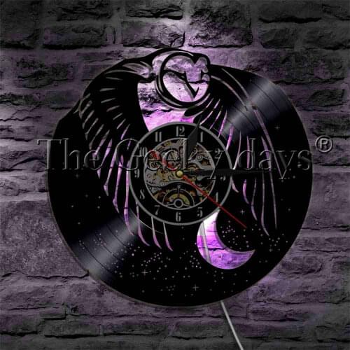 Moon And Owl Vinyl Record Wall Clock With LED illumination Bedroom Night Light Flying Bird Animal Designed Lamp