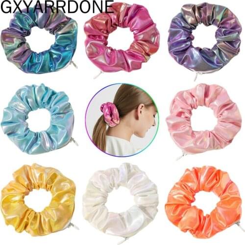2020 Fashion New Retro Zipper Large Intestine Elastic Hair Band PU Tencel Pocket Wallet Hair Scrunchies Hair Accessories