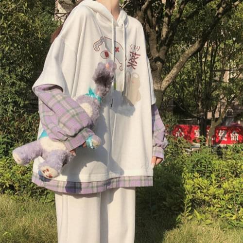 Autumn and winter suit female students Korean version of loose printed hooded fake two-piece hoodie casual pants trend clothes