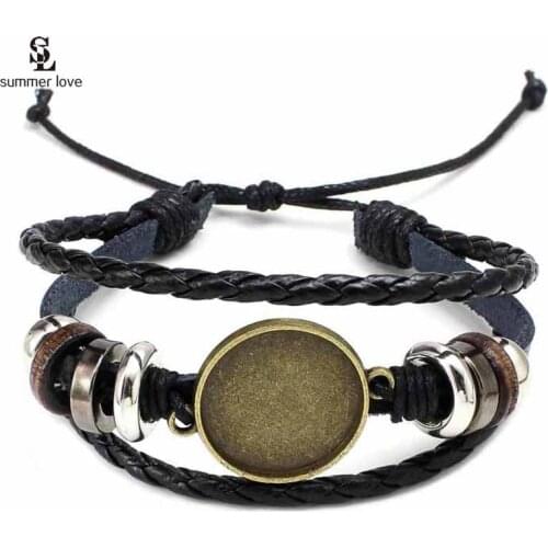 DIY 10PC 20MM Round Photo Glass Cabochon Bracelet Setting Base Bezel Tray Blank Multi Layer Leather Bracelet Jewelry Making 2021