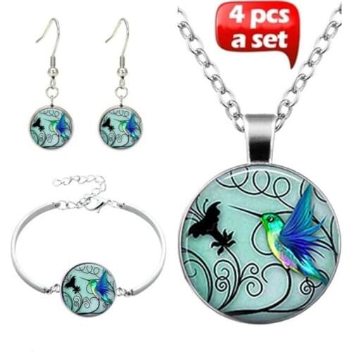 4Pcs/Set Handmade Blue Hummingbird Glass CabochonPhoto Necklace Bracelet Earrings Pendant Bird Jewelry For Women Gift