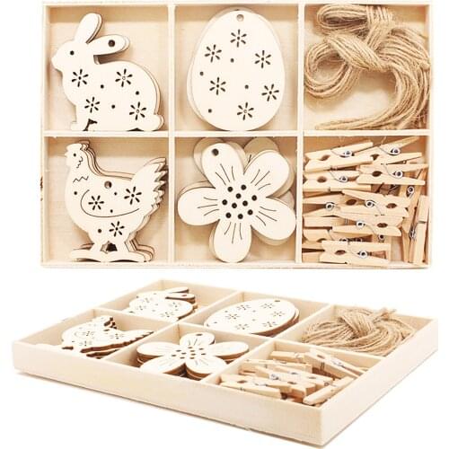 Hanging Pendants Happy Easter Ornament Crafts Tags Creative Wooden Box Set Party Rabbit Cock Pattern Home Decor