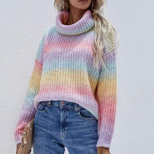 Rainbow Turtleneck Sweaters Womens Pullovers Fashion Tie Dye Colorful Winter Jumper Knitwear Casual Loose Sweet Ladies Outfits