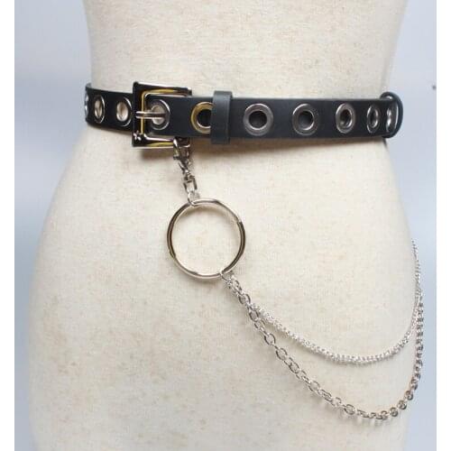 Woman Fashion Belts For Women Rock Waistband Black Faux Leather Silver Alloy Star Pin Metal Chain Chunky Fringes Strap Belt Jean