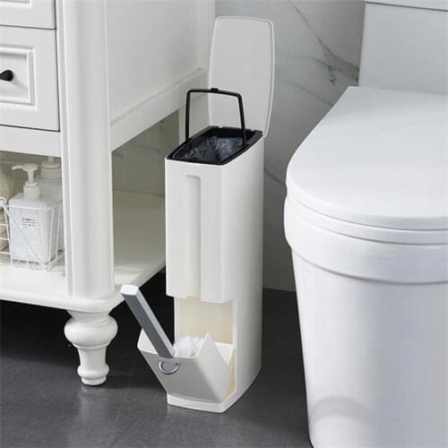 Narrow Trash Bathroom Trash Can With Toilet Brush Garbage Bag Holder Plastic Trash Bin Home 3 In 1