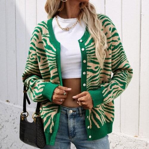 Zebra Pattern Knitted Cardigan Striped Sweater Women Autumn Winter Orange Knitwear Fashion Sweet Tops New Ladies Casual Sweaters