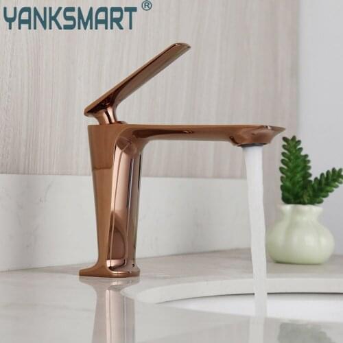 YANKSMART Rose Gold Bathroom Faucet Basin Sink Deck Mounted Faucet Gold Polish Single Handle Hot And Cold Mixer Water Tap