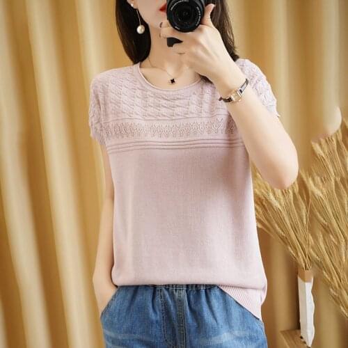 T-shirt women 2021 summer new pure cotton top casual sweater pure color knitwear round neck pullover short sleeve plus size tees