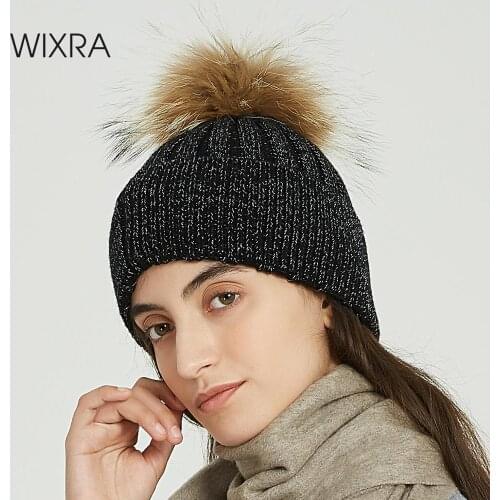 Wixra Mink and Fox Fur Ball Cap Poms Stylish Hat For Women Solid Shiny Thick Hat Knitted Beanies Cap Female Autumn Winter